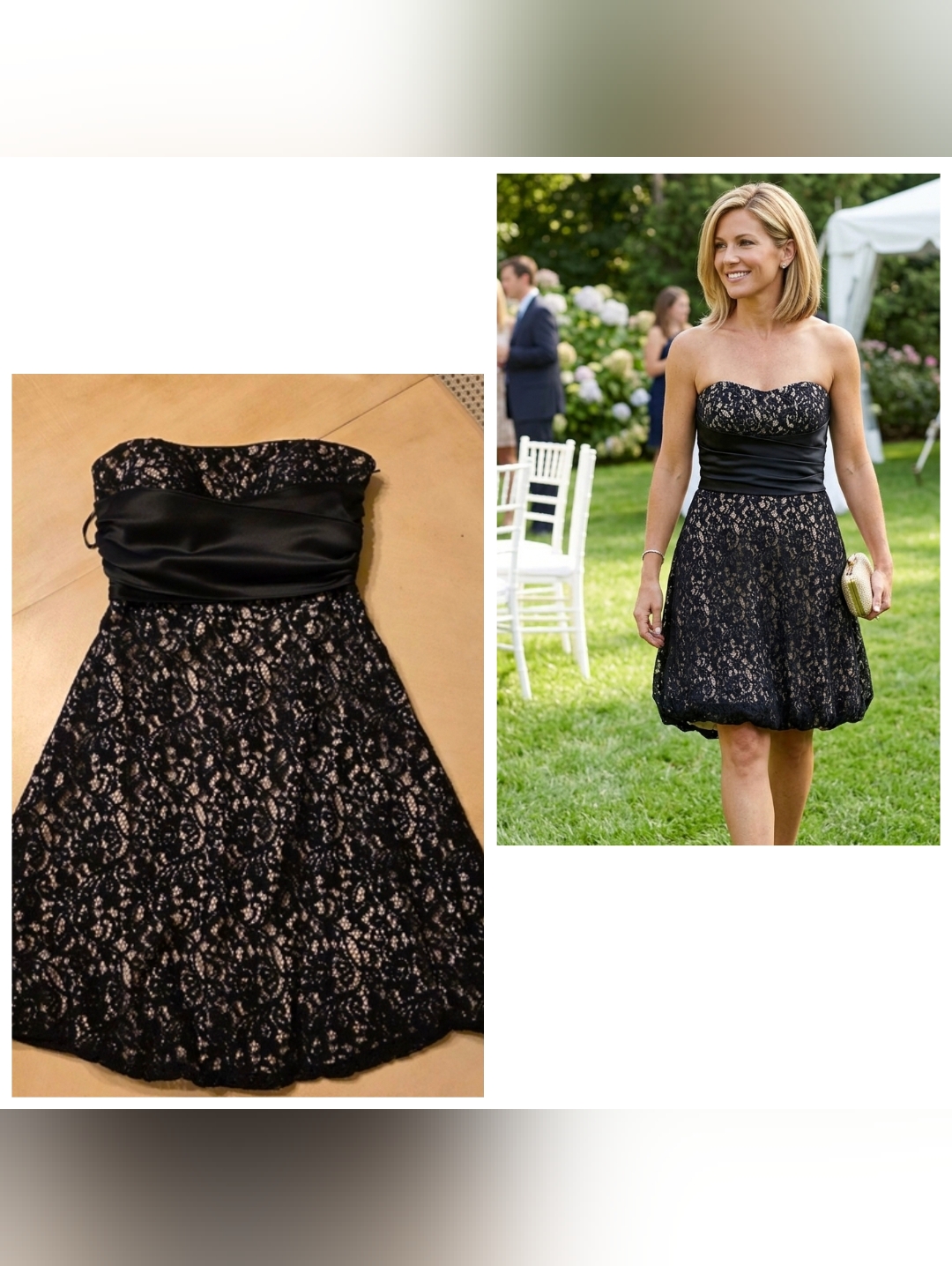 $188 White House Black Market Strapless Black Lace Bubble Hem Dress - Size 4